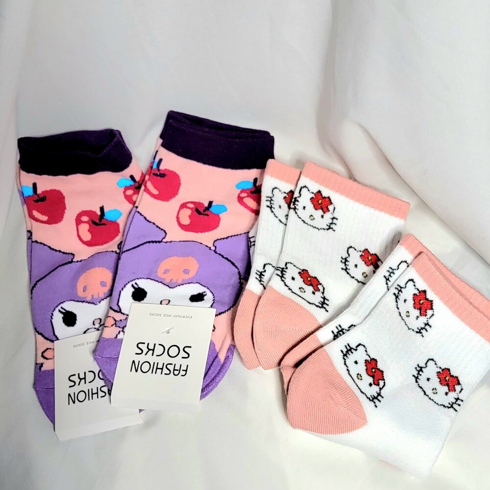Kuromi Style & Hello Kitty Woman's Socks ~ 4 Pairs - NEW